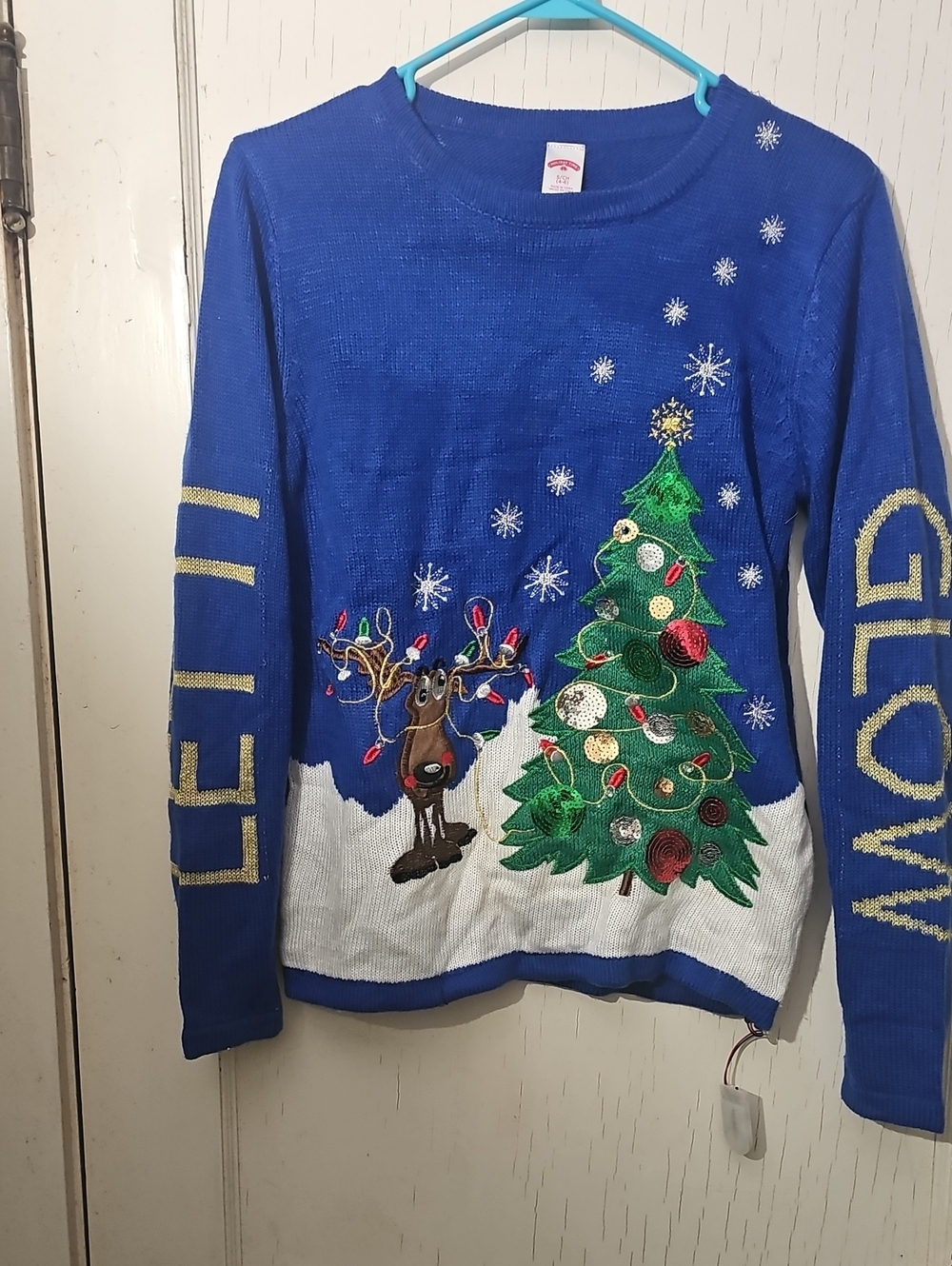 Blue Holiday Light-Up Womens Sweater with Reindeer & Tree